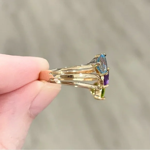 10K Rainbow amethyst Swiss blue topaz peridot trillion harem yellow gold CI ring - Picture 6 of 8